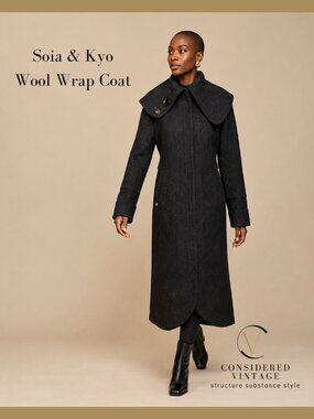 Soia & Kyo Charcoal Long Wool-Blend Trench Coat with Oversized Collar
